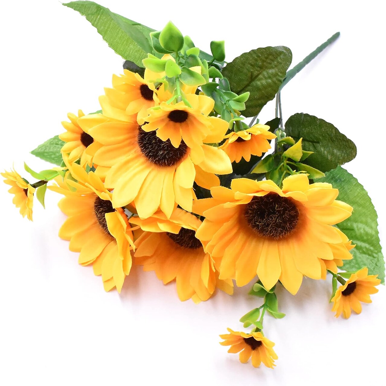 Mini Summer Sunflower Bouquet – Bright Yellow Silk Flowers with Stems & Eucalyptus for Home & DIY Decor